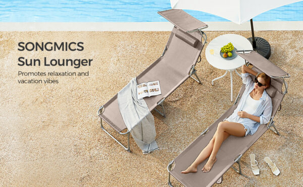 SONGMICS Sezlong pliabil, cu parasolar si tetiera, spatar reglabil in 4 pozitii, maxim 150kg, 193x53x29cm, crem - Image 10