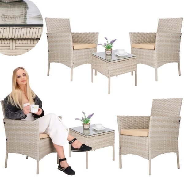 Set mobilier terasa, din tehnorattan, masa cu blat sticla securizata, 2 fotolii cu perne, bej - Image 10