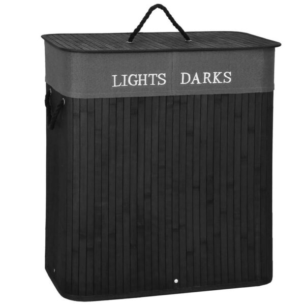 Cos de rufe din bambus cu capac, 2 compartimente, sac detasabil, volum 100L, 54x34x60cm, negru - Image 11