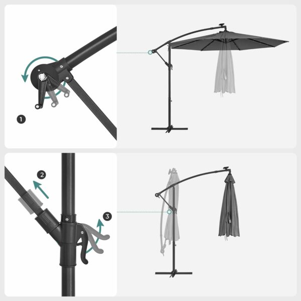 SONGMICS Umbrela de gradina cu brat lateral banana, 300cm, cu iluminare LED solara, gri - Image 10