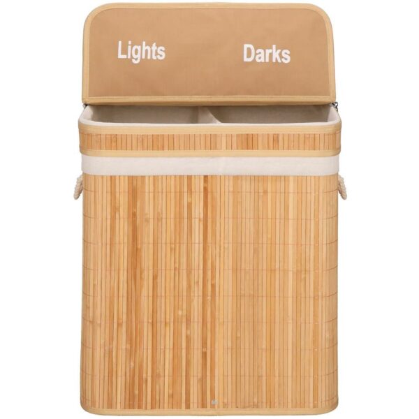Cos de rufe din bambus cu capac, 2 compartimente, sac detasabil, volum 100L, 53x32x62cm, maro - Image 12