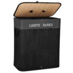 Bambusz szennyeskosár fedéllel, 2 rekesszel, kivehető zsákkal, 100 L űrtartalommal, 54x34x60 cm, fekete