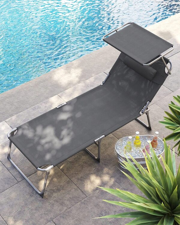 SONGMICS Sezlong pliabil, cu parasolar si tetiera, spatar reglabil in 4 pozitii, maxim 150kg, 200x71x38cm, gri - Image 12