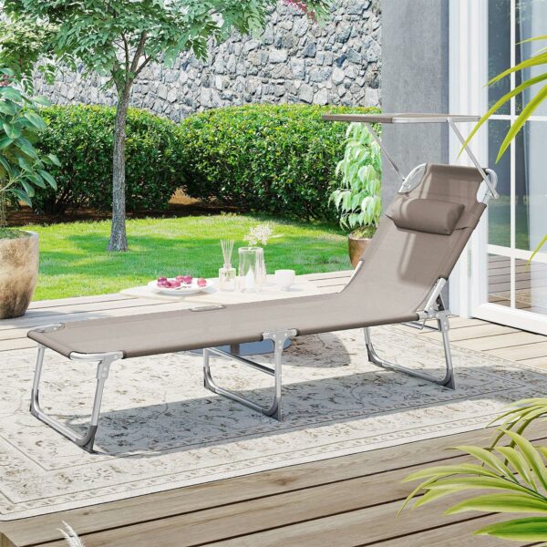 SONGMICS Sezlong pliabil, cu parasolar si tetiera, spatar reglabil in 4 pozitii, maxim 150kg, 193x53x29cm, crem - Image 12