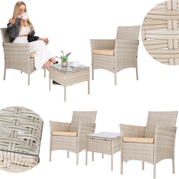 Set mobilier terasa, din tehnorattan, masa cu blat sticla securizata, 2 fotolii cu perne, bej - Image 12