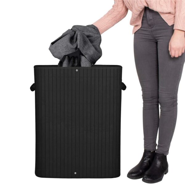 Cos de rufe din bambus cu capac, 2 compartimente, sac detasabil, volum 100L, 54x34x60cm, negru - Image 12