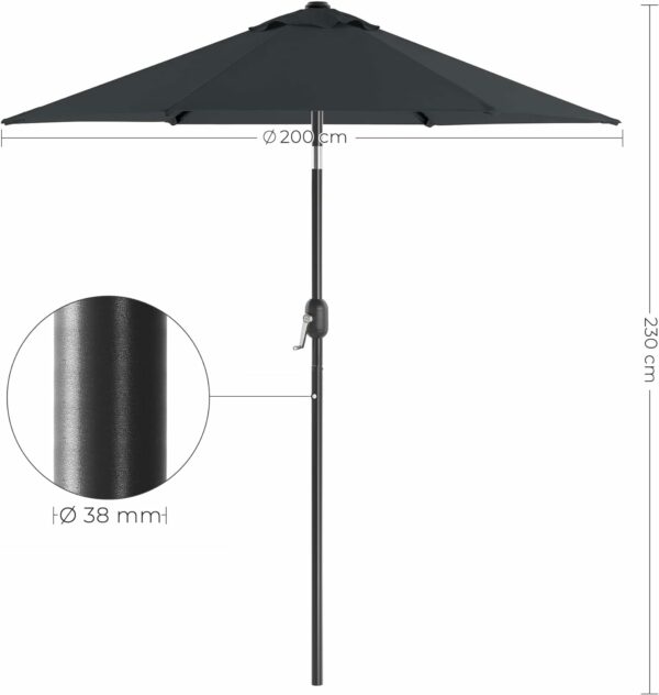 SONGMICS Kerti napernyő, nyitható fogantyúval, billenő rendszerrel, 200cm, szürke - Image 4