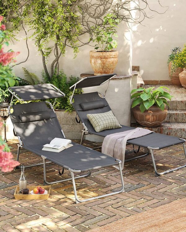 SONGMICS Sezlong pliabil, cu parasolar si tetiera, spatar reglabil in 4 pozitii, maxim 150kg, 200x71x38cm, gri - Image 9