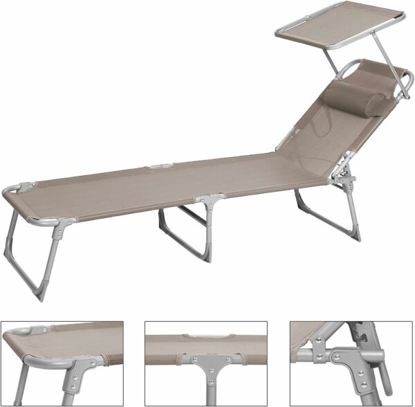 SONGMICS Sezlong pliabil, cu parasolar si tetiera, spatar reglabil in 4 pozitii, maxim 150kg, 193x53x29cm, crem - Image 13