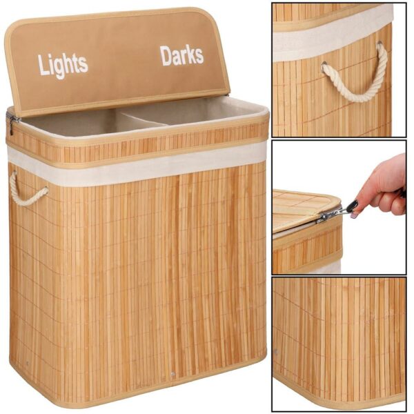 Cos de rufe din bambus cu capac, 2 compartimente, sac detasabil, volum 100L, 53x32x62cm, maro - Image 14