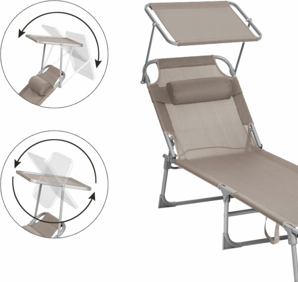SONGMICS Sezlong pliabil, cu parasolar si tetiera, spatar reglabil in 4 pozitii, maxim 150kg, 193x53x29cm, crem - Image 14