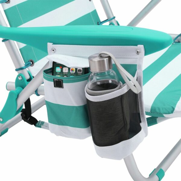 SONGMICS Scaun de plaja portabil cu spatar rabatabil in 4 pozitii, cu cotiere, maxim 150kg, alb verde - Image 12