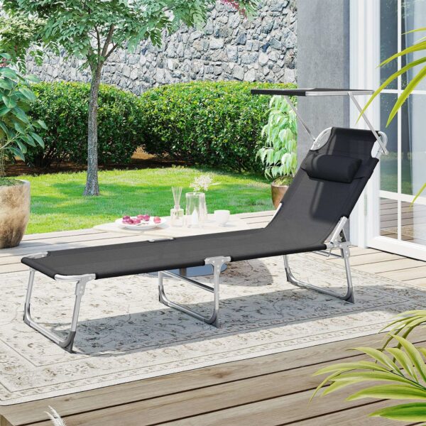 SONGMICS Sezlong pliabil, cu parasolar si tetiera, spatar reglabil in 4 pozitii, maxim 150kg, 193x53x29cm, negru - Image 14