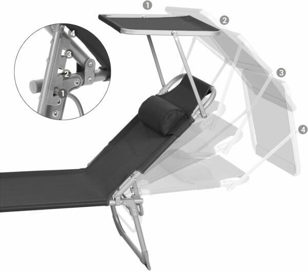 SONGMICS Sezlong pliabil, cu parasolar si tetiera, spatar reglabil in 4 pozitii, maxim 150kg, 193x53x29cm, negru - Image 15