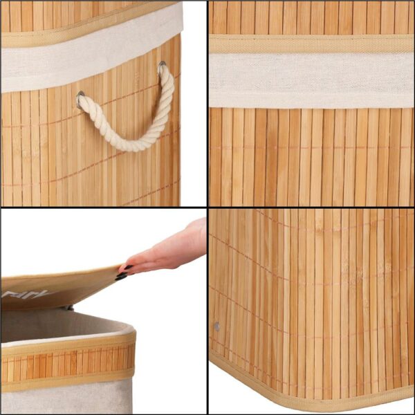 Cos de rufe din bambus cu capac, 2 compartimente, sac detasabil, volum 100L, 53x32x62cm, maro - Image 16
