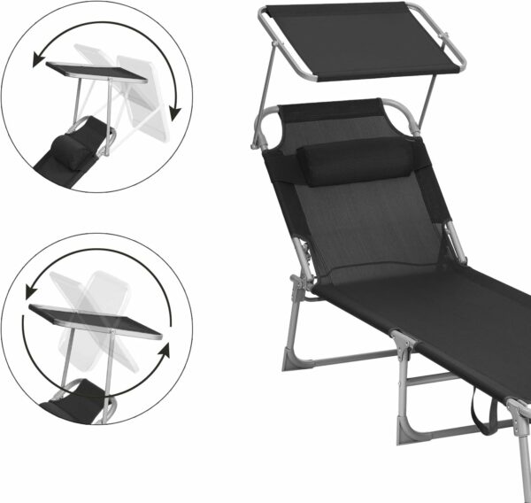 SONGMICS Sezlong pliabil, cu parasolar si tetiera, spatar reglabil in 4 pozitii, maxim 150kg, 193x53x29cm, negru - Image 16