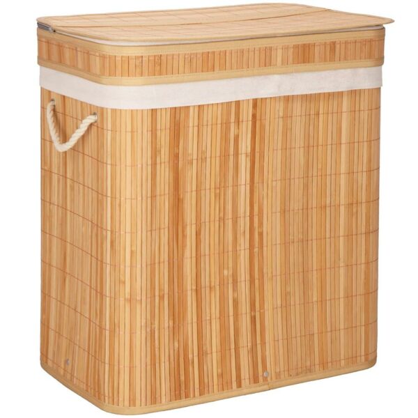 Cos de rufe din bambus cu capac, 2 compartimente, sac detasabil, volum 100L, 53x32x62cm, maro - Image 17