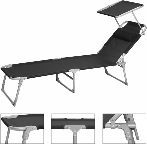 SONGMICS Sezlong pliabil, cu parasolar si tetiera, spatar reglabil in 4 pozitii, maxim 150kg, 193x53x29cm, negru - Image 17
