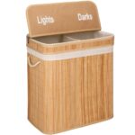 Bambusz szennyeskosár fedéllel, 2 rekesszel, kivehető zsákkal, 100 L űrtartalommal, 53x32x62 cm, barna