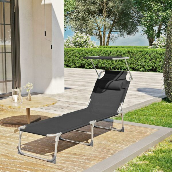 SONGMICS Sezlong pliabil, cu parasolar si tetiera, spatar reglabil in 4 pozitii, maxim 150kg, 193x53x29cm, negru - Image 18