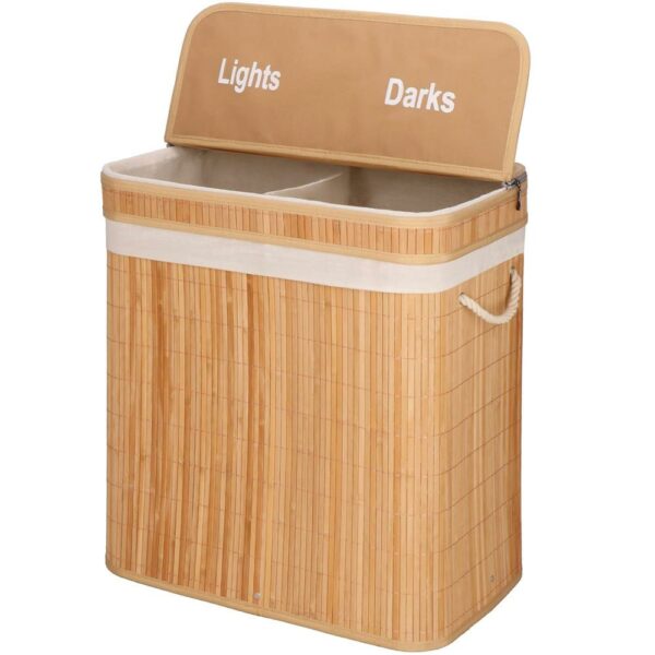 Cos de rufe din bambus cu capac, 2 compartimente, sac detasabil, volum 100L, 53x32x62cm, maro - Image 18