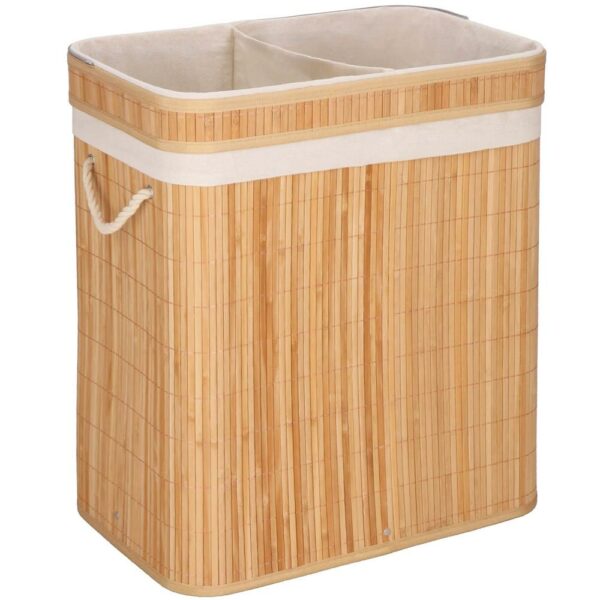 Cos de rufe din bambus cu capac, 2 compartimente, sac detasabil, volum 100L, 53x32x62cm, maro - Image 19