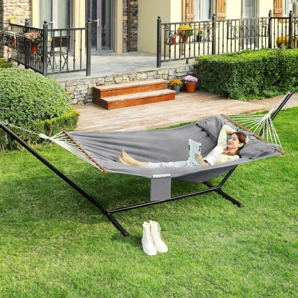 SONGMICS Hamac dublu cu bara stabilizatoare din lemn, 2 perne, 210x150cm, maxim 300kg, gri - Image 2