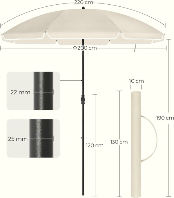SONGMICS Umbrela terasa gradina sau plaja, cu inclinare, husa, diametru 200cm, bej - Image 9