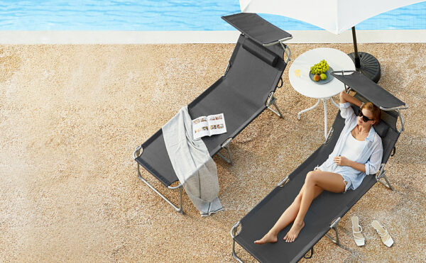SONGMICS Sezlong pliabil, cu parasolar si tetiera, spatar reglabil in 4 pozitii, maxim 150kg, 200x71x38cm, gri - Image 3