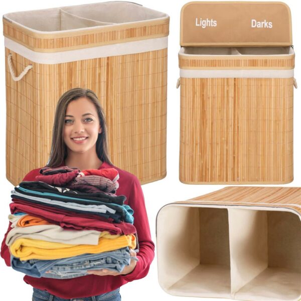 Cos de rufe din bambus cu capac, 2 compartimente, sac detasabil, volum 100L, 53x32x62cm, maro - Image 3