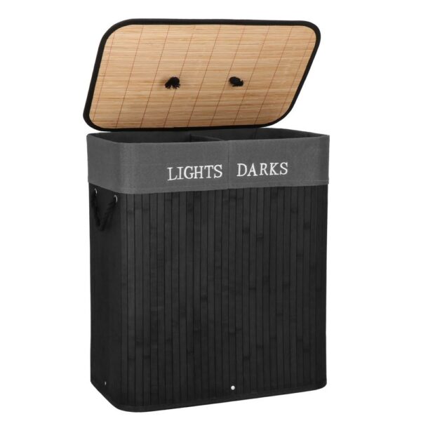 Cos de rufe din bambus cu capac, 2 compartimente, sac detasabil, volum 100L, 54x34x60cm, negru - Image 3
