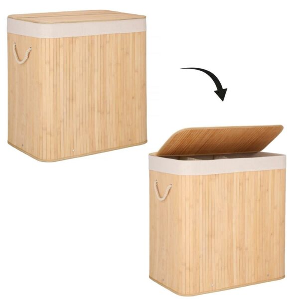 Bambusz szennyeskosár, összecsukható, kivehető mosható béléssel, 3 rekeszes, 150L, ​​63x42x62cm, barna - Image 19