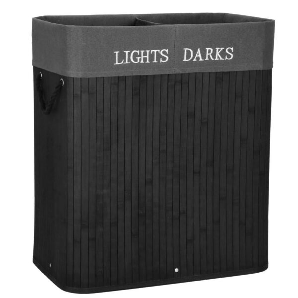 Cos de rufe din bambus cu capac, 2 compartimente, sac detasabil, volum 100L, 54x34x60cm, negru - Image 21