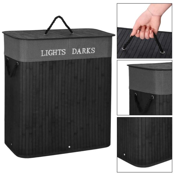 Cos de rufe din bambus cu capac, 2 compartimente, sac detasabil, volum 100L, 54x34x60cm, negru - Image 23