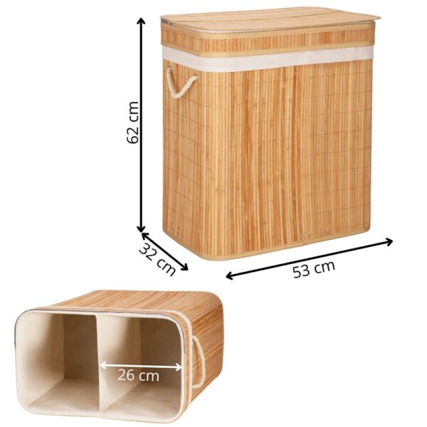 Cos de rufe din bambus cu capac, 2 compartimente, sac detasabil, volum 100L, 53x32x62cm, maro - Image 24