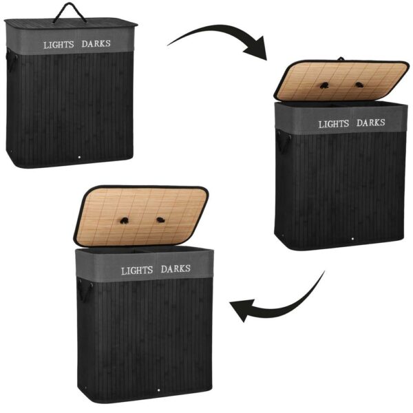Cos de rufe din bambus cu capac, 2 compartimente, sac detasabil, volum 100L, 54x34x60cm, negru - Image 24