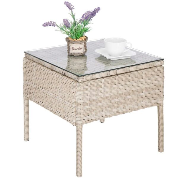 Set mobilier terasa, din tehnorattan, masa cu blat sticla securizata, 2 fotolii cu perne, bej - Image 25