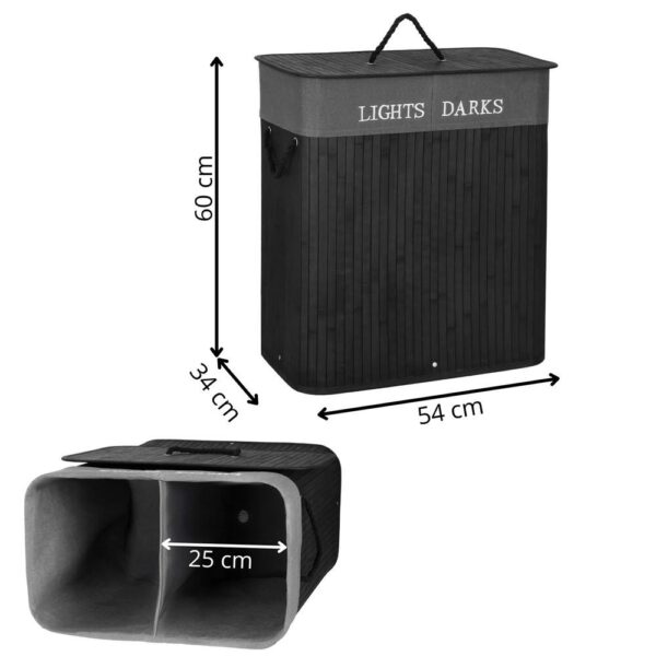 Cos de rufe din bambus cu capac, 2 compartimente, sac detasabil, volum 100L, 54x34x60cm, negru - Image 26