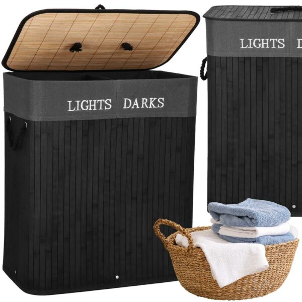 Cos de rufe din bambus cu capac, 2 compartimente, sac detasabil, volum 100L, 54x34x60cm, negru - Image 27