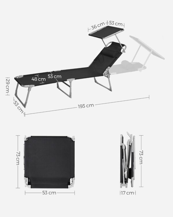 SONGMICS Sezlong pliabil, cu parasolar si tetiera, spatar reglabil in 4 pozitii, maxim 150kg, 193x53x29cm, negru - Image 3