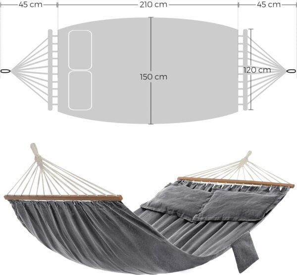 SONGMICS Hamac dublu cu bara stabilizatoare din lemn, 2 perne, 210x150cm, maxim 300kg, gri - Image 3