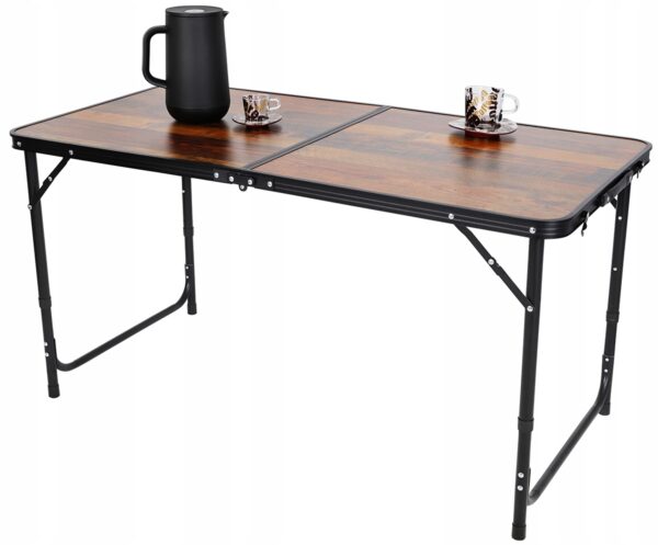 Masa camping pliabila cu cadru din aluminiu, blat MDF, 120x60cm, inaltime reglabila, maro - Image 3