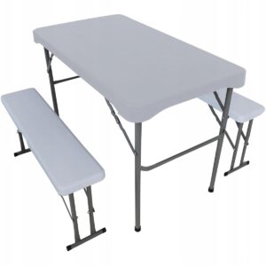 Összecsukható kempingbútor készlet, asztal 2 paddal, acél szerkezet HDPE-vel, 108x60cm, fehér