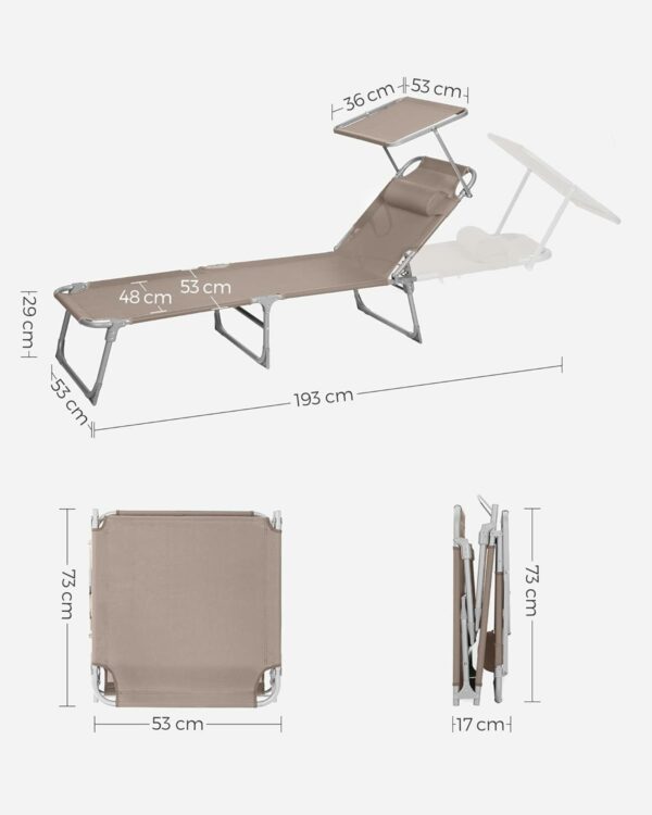 SONGMICS Sezlong pliabil, cu parasolar si tetiera, spatar reglabil in 4 pozitii, maxim 150kg, 193x53x29cm, crem - Image 3