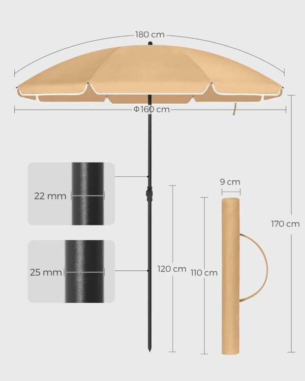 SONGMICS Umbrela terasa gradina sau plaja, cu inclinare, husa, diametru 160cm, taupe - Image 3