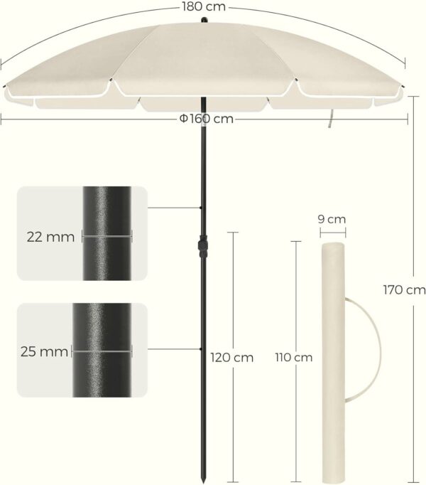 SONGMICS Umbrela terasa gradina sau plaja, cu inclinare, husa, diametru 160cm, bej - Image 3