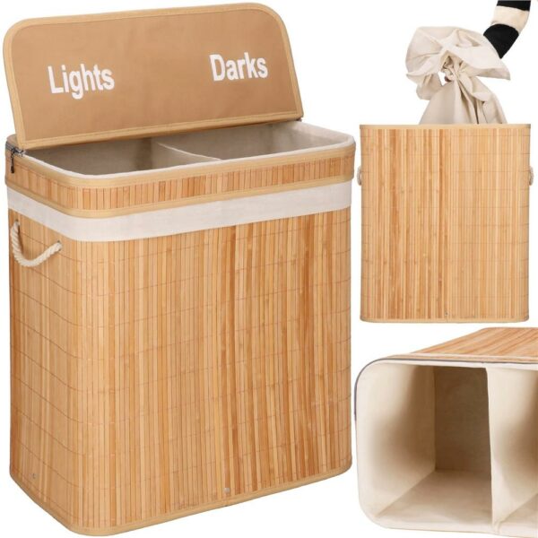Cos de rufe din bambus cu capac, 2 compartimente, sac detasabil, volum 100L, 53x32x62cm, maro - Image 4