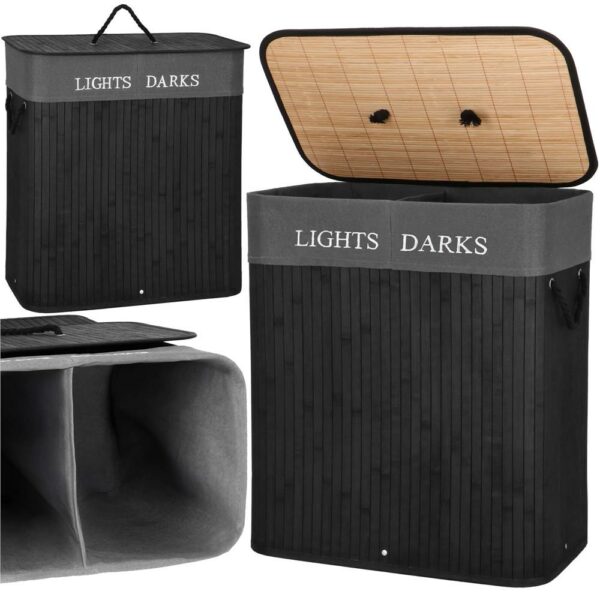 Cos de rufe din bambus cu capac, 2 compartimente, sac detasabil, volum 100L, 54x34x60cm, negru - Image 4
