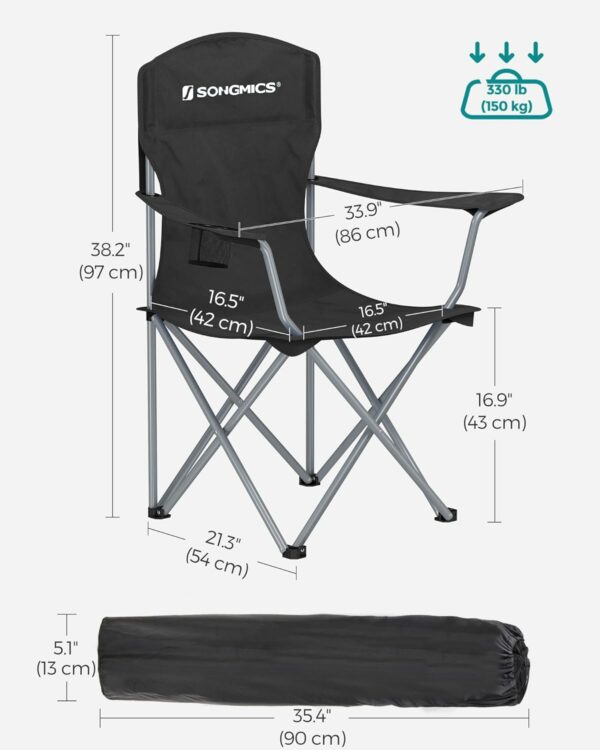 SONGMICS Set 2 scaune pliabile de camping sau pescuit, suport pahar, maxim 150kg, negru - Image 3