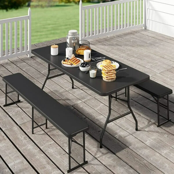 Set masa cu 2 banci pliabile tip valiza pentru gradina, camping, terase, 180x74x74cm, negru - Image 3